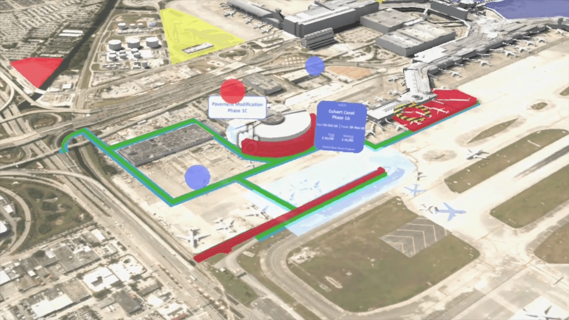 Aerial airport proposal map with highlighted routes.