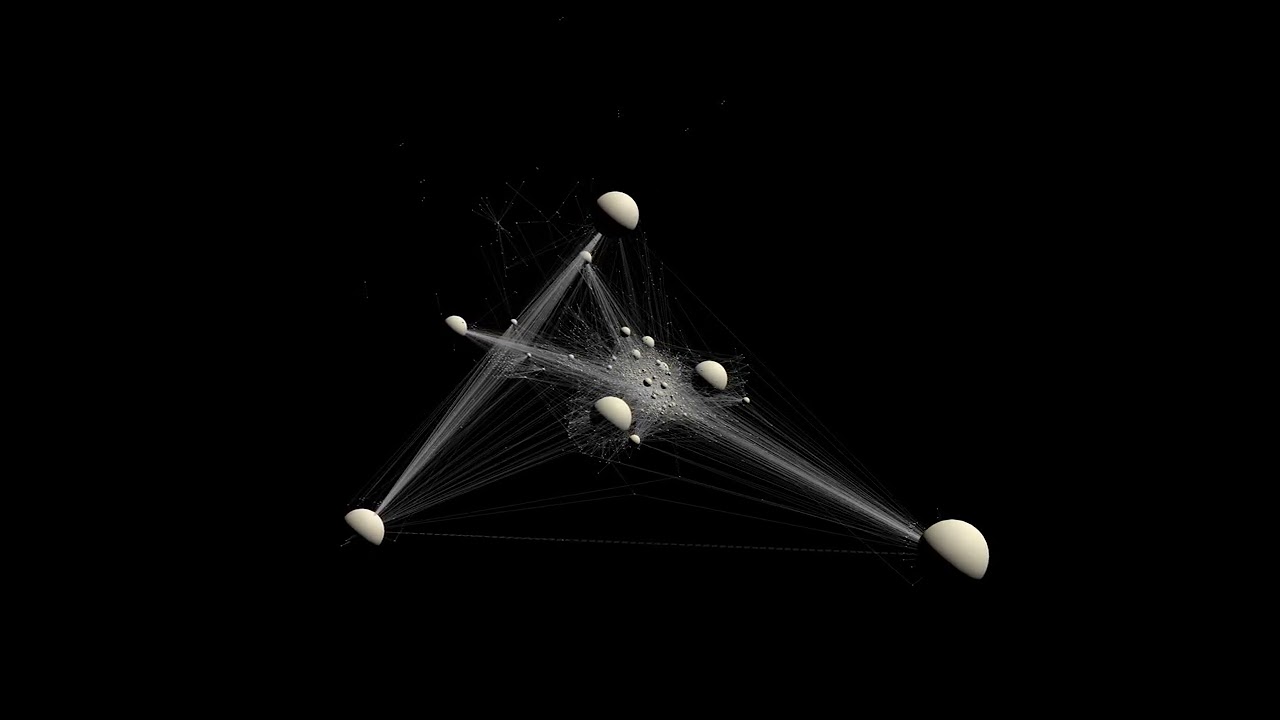 Sparse tetrahedral node-link visualization on black.