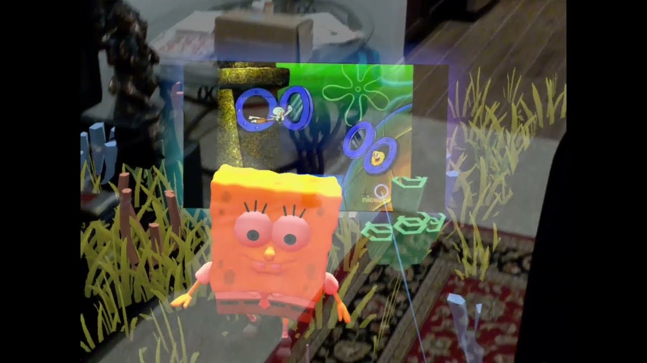 Augmented-reality SpongeBob character in a living room.