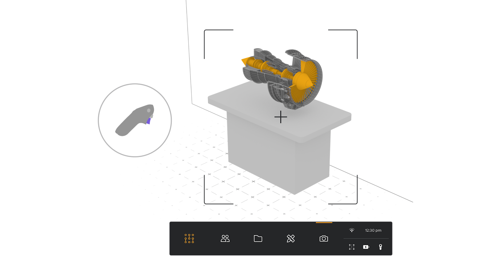 A turbine model is selected on a table with the session control bar below.