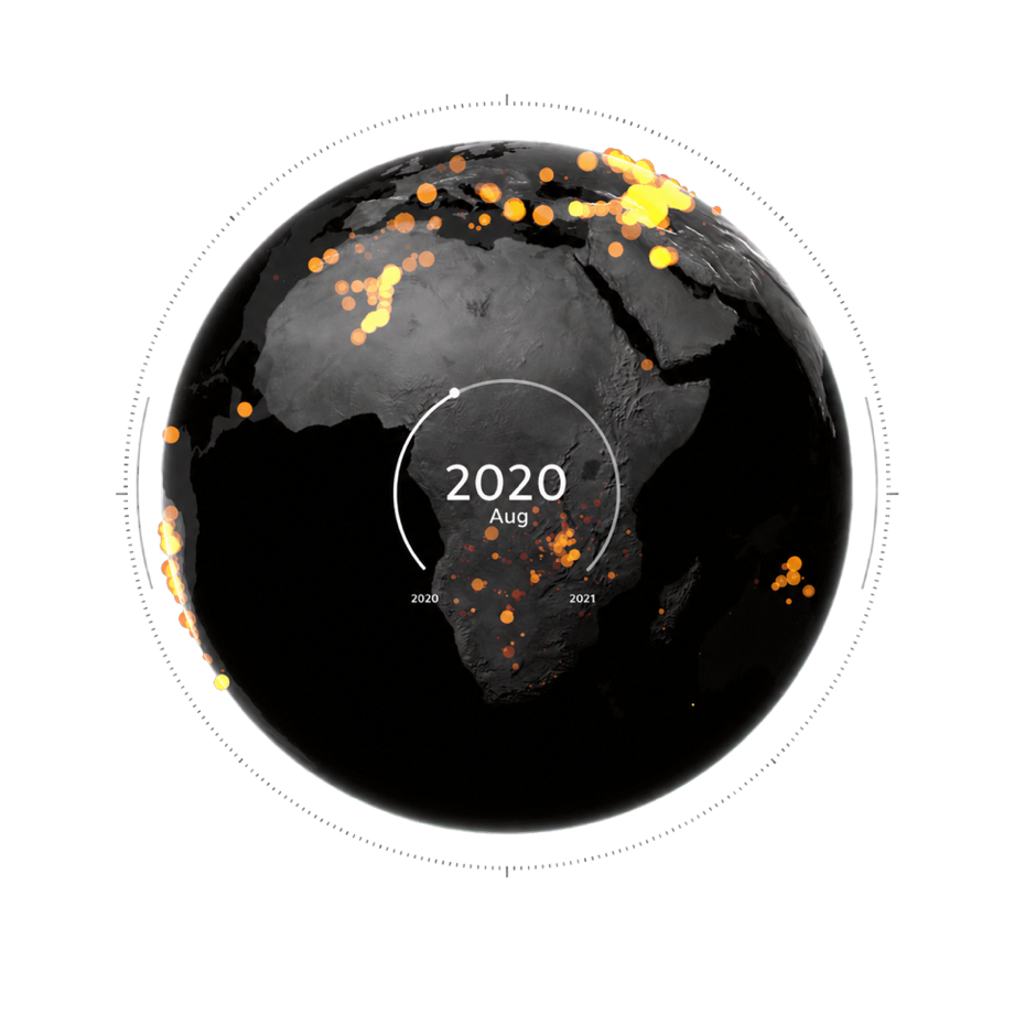 A dark globe with orange and yellow fire clusters across Africa and Europe and a 2020/Aug date dial at the center.