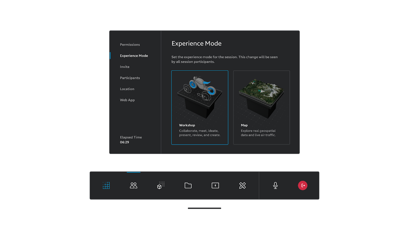 The Experience Mode settings panel offers Workshop and Map modes with the session control bar.
