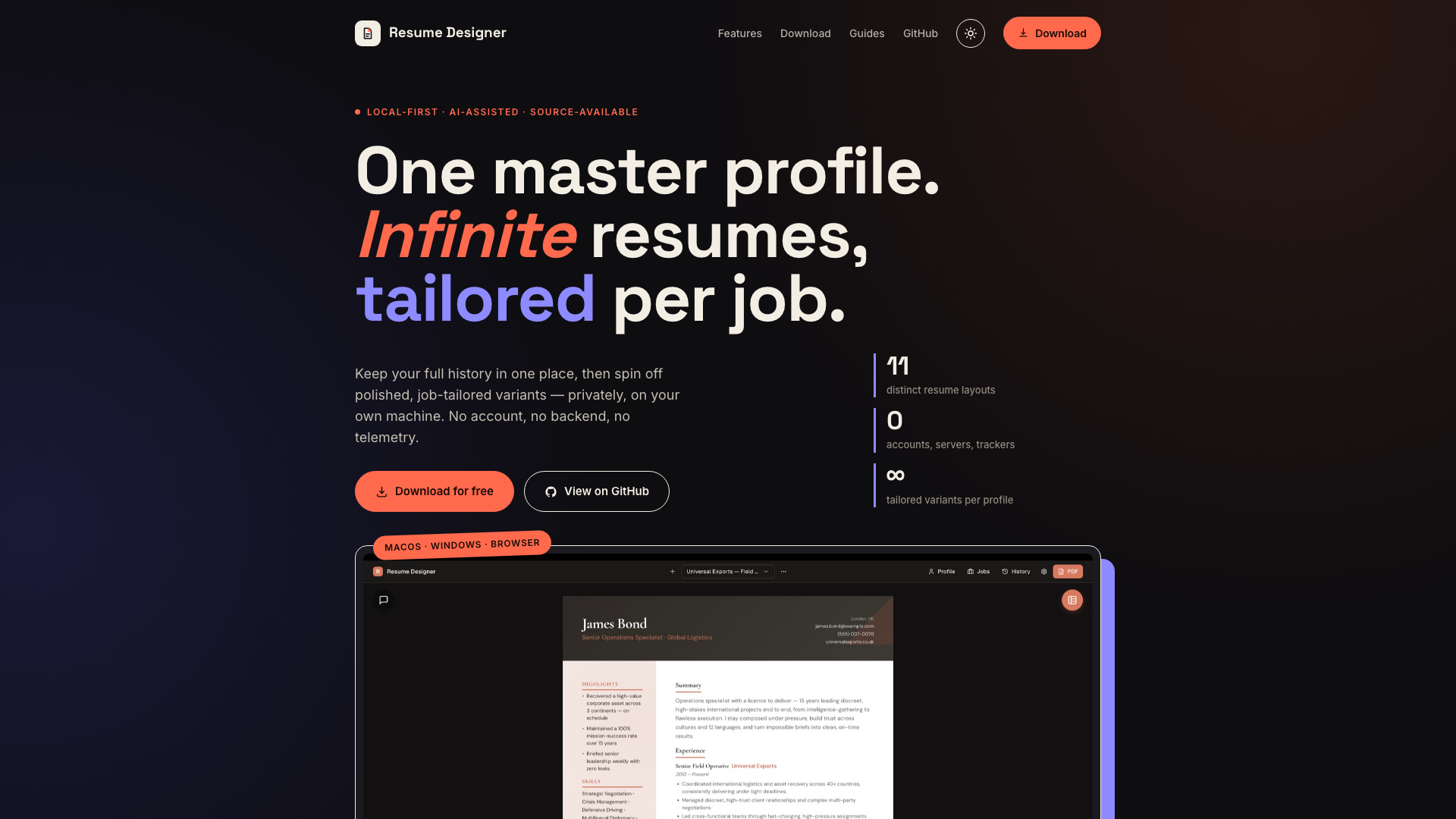 Resume Designer editor in dark mode.