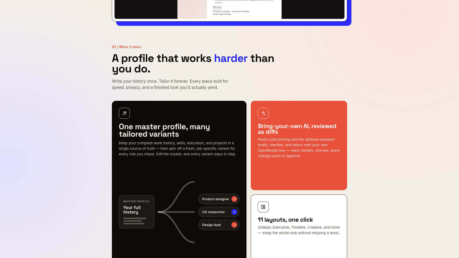 Master-profile variants and resume layout selection.